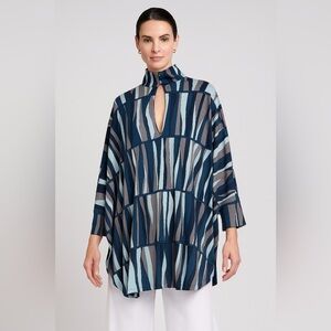 Mara Hoffman Silk Tunic Blouse Small Y2K Blue Striped 3/4 Sleeve Keyhole Boho